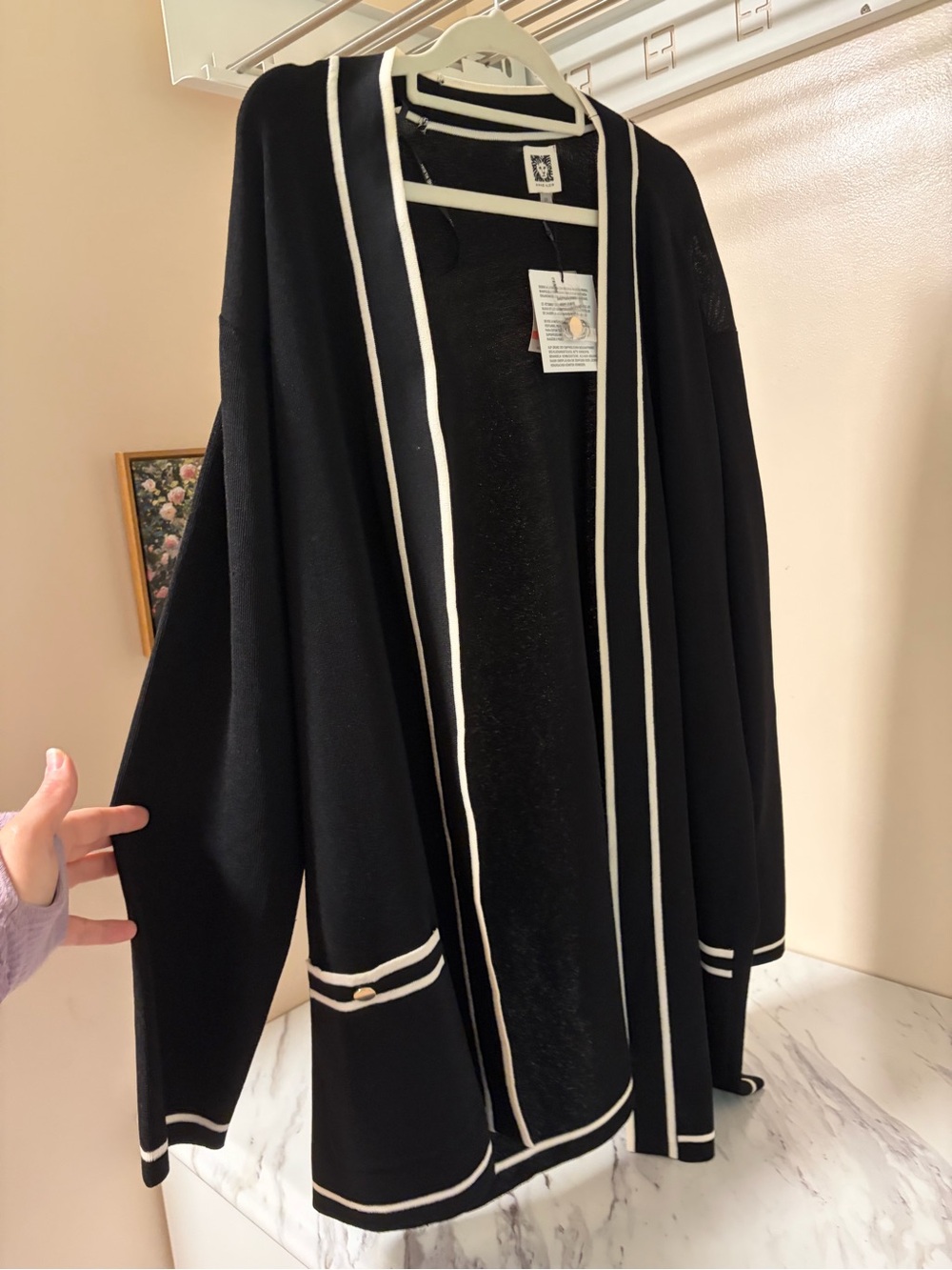 NWT Anne Klein Open Front Tipped Cardigan Sweater 3X Black White Gold Button